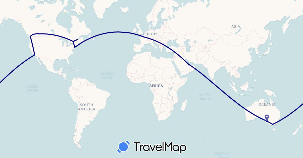 TravelMap itinerary: driving in Australia, Canada, France, Qatar, United States (Asia, Europe, North America, Oceania)